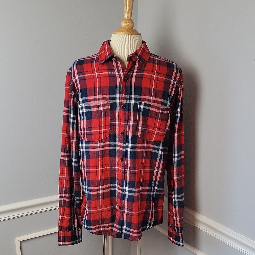 QUICKSILVER Red Blue Plaid‎ Grunge Surf Skate Flannel Casual Button Down Shirt M